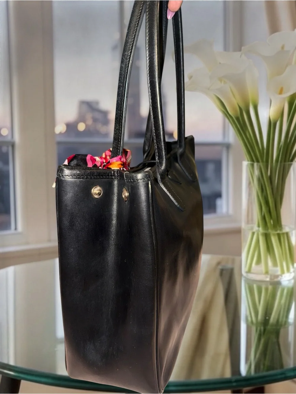 Vintage Longchamp Roseau Black Leather Toggle Tote Shoulder Bag